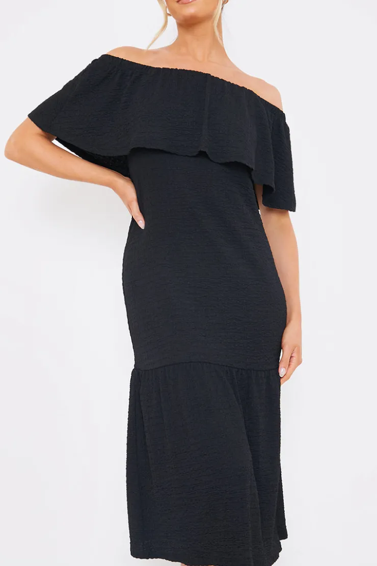 Sale In the Style Textured Frill Bardot Midi Dress Black