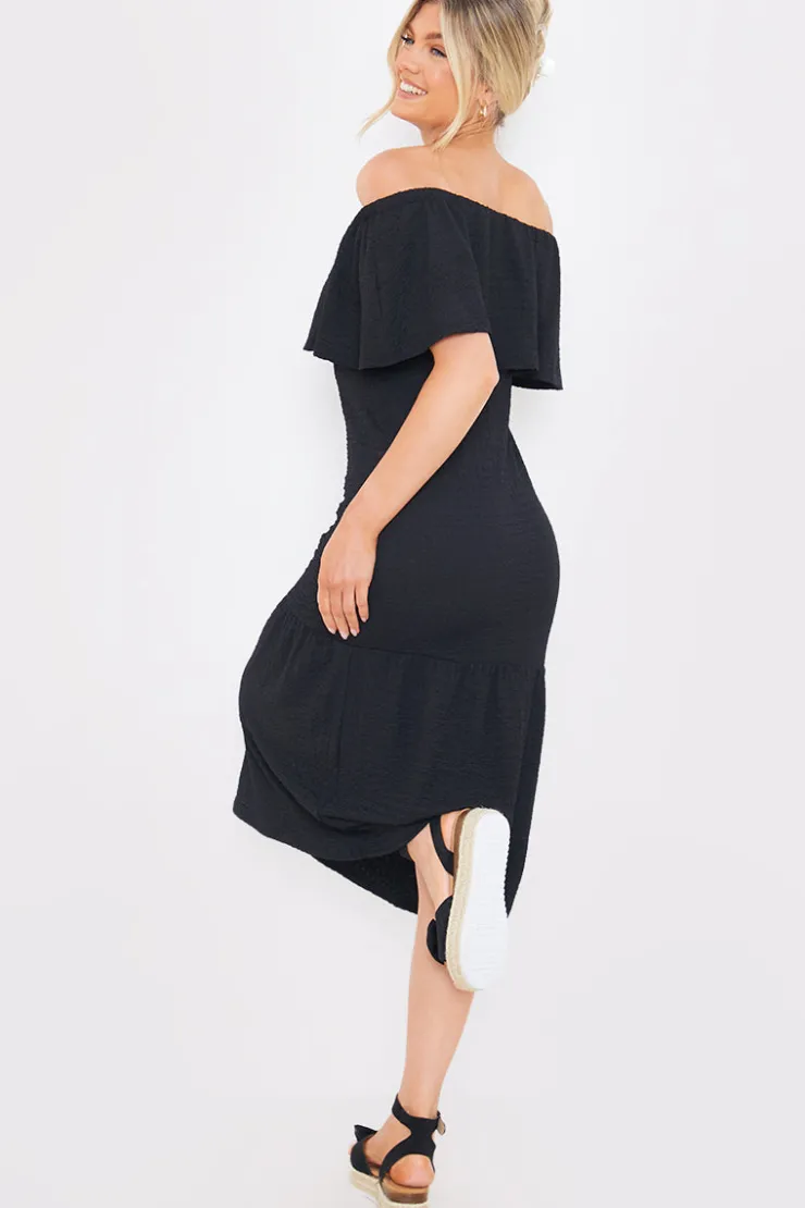 Sale In the Style Textured Frill Bardot Midi Dress Black