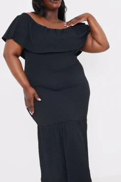 Sale In the Style Textured Frill Bardot Midi Dress Black