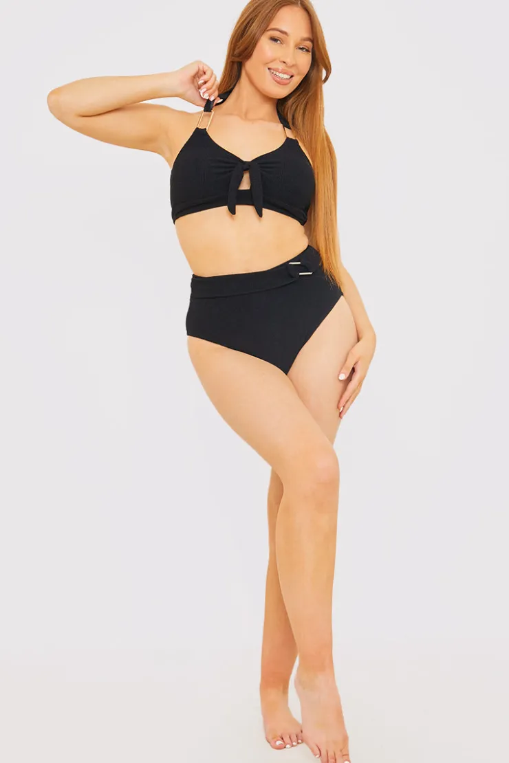 New In the Style Textured Gold Bar Detail Halter Neck Bikini Top Black