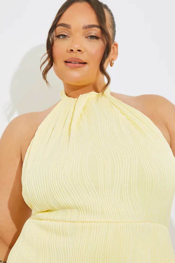 Clearance In the Style Textured Halter Neck Midi Dress Lemon