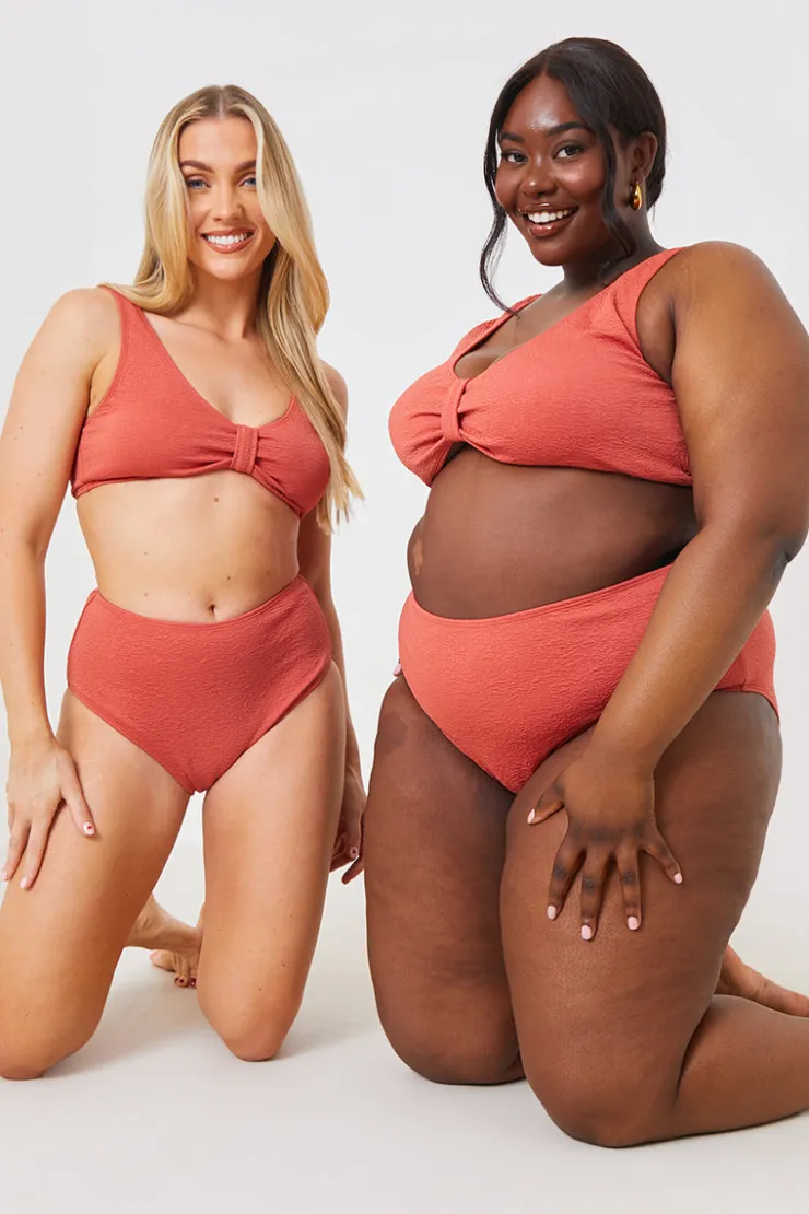 Discount In the Style Textured Knot Front Detail Bikini Top Rust
