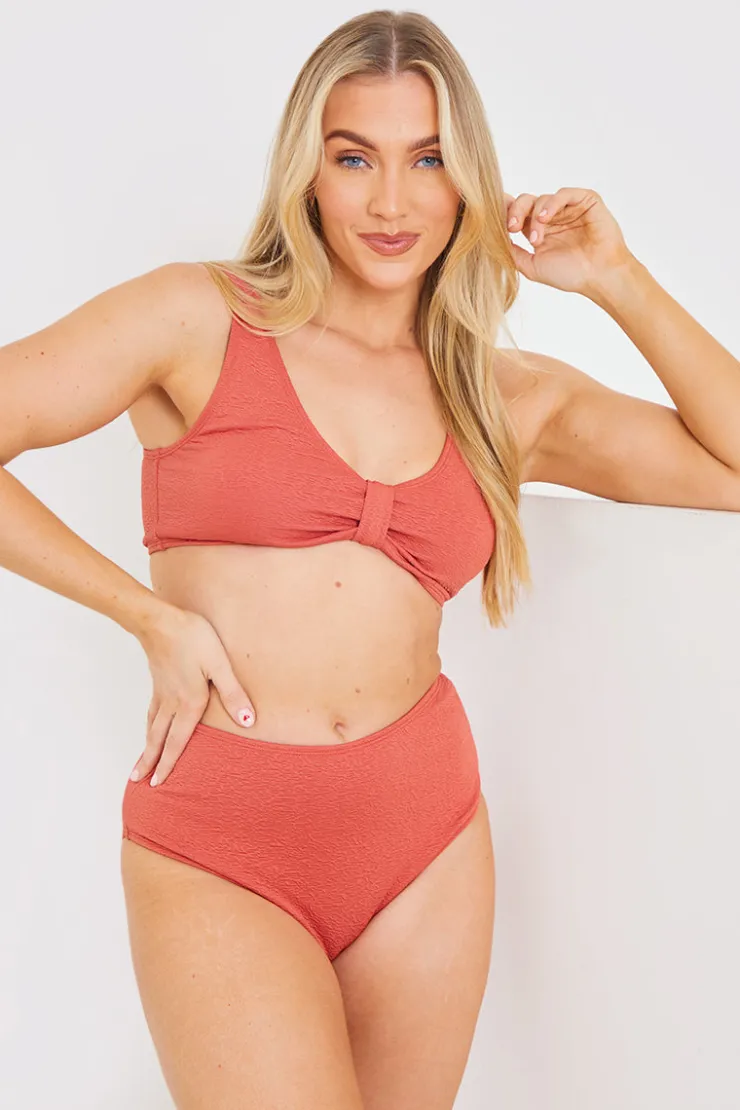 Discount In the Style Textured Knot Front Detail Bikini Top Rust