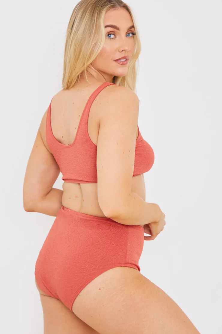 Discount In the Style Textured Knot Front Detail Bikini Top Rust