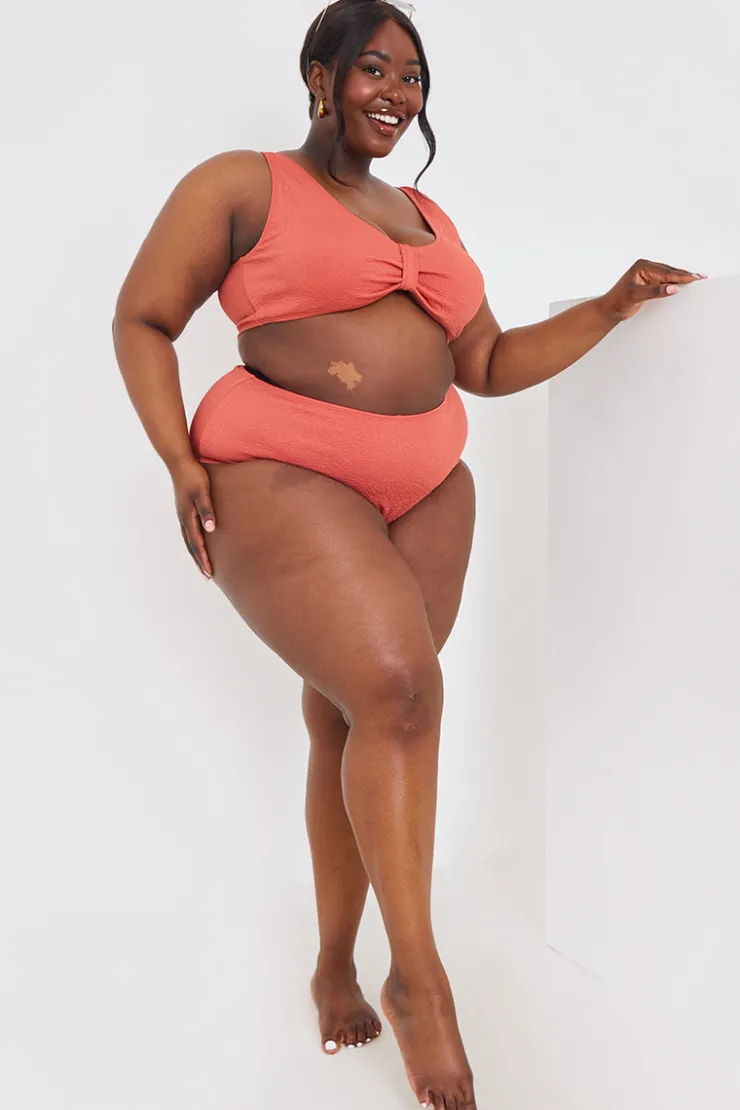 Discount In the Style Textured Knot Front Detail Bikini Top Rust