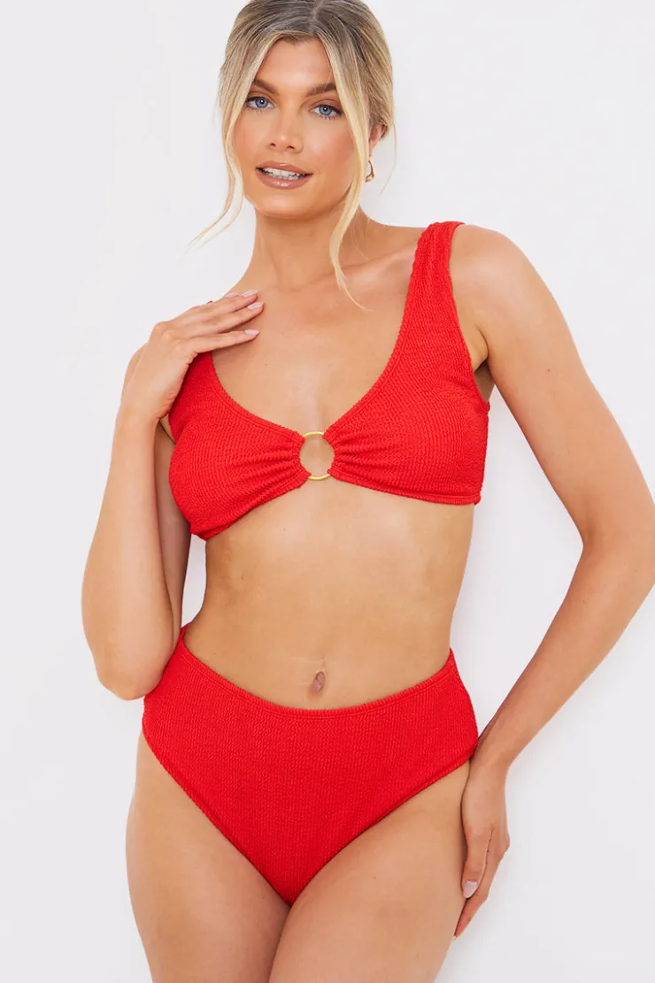 Sale In the Style Textu Scoop Neck Ring Detail Bikini Top Red