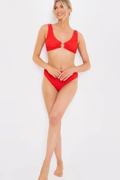 Sale In the Style Textu Scoop Neck Ring Detail Bikini Top Red