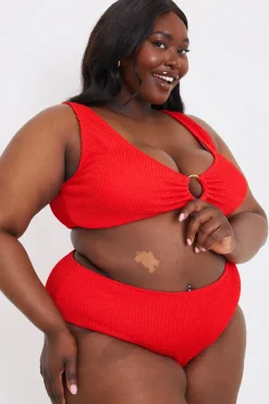 Sale In the Style Textu Scoop Neck Ring Detail Bikini Top Red