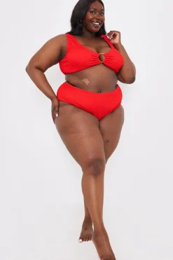 Sale In the Style Textu Scoop Neck Ring Detail Bikini Top Red