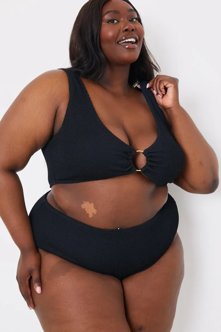 Discount In the Style Textured Scoop Neck Ring Detail Bikini Top Black