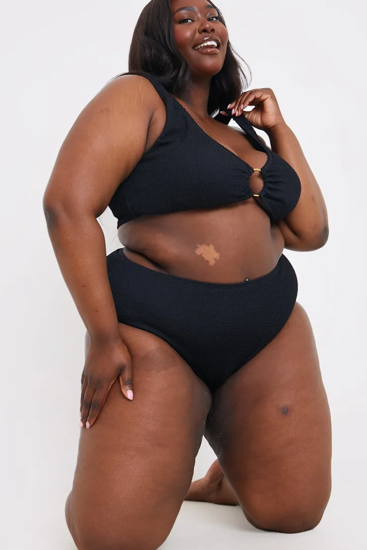 Discount In the Style Textured Scoop Neck Ring Detail Bikini Top Black