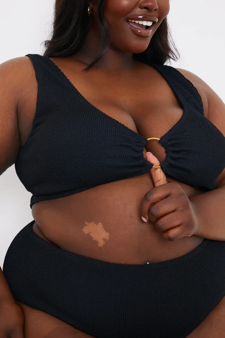 Discount In the Style Textured Scoop Neck Ring Detail Bikini Top Black