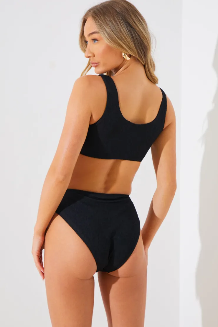 In the Style Textured Starfish Detail High Waist High Leg Bikini Bottoms Black