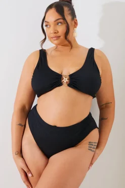 In the Style Textured Starfish Detail High Waist High Leg Bikini Bottoms Black