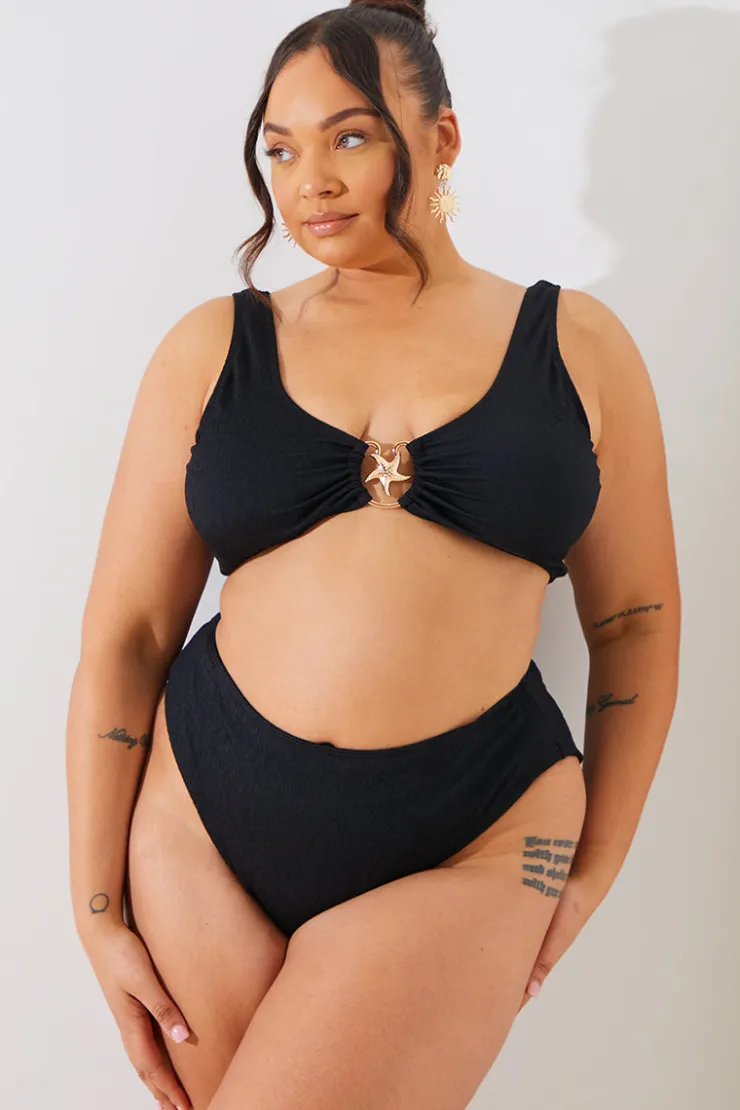 In the Style Textured Starfish Detail High Waist High Leg Bikini Bottoms Black