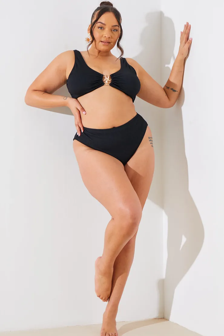 In the Style Textured Starfish Detail High Waist High Leg Bikini Bottoms Black