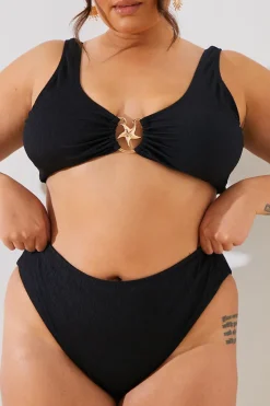 In the Style Textured Starfish Detail High Waist High Leg Bikini Bottoms Black