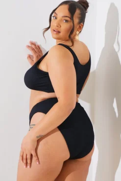 In the Style Textured Starfish Detail High Waist High Leg Bikini Bottoms Black
