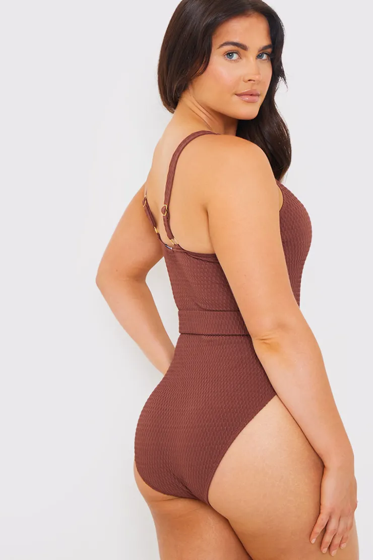 Hot In the Style Textured Sweetheart Neckline Belted Swimsuit Chocolate