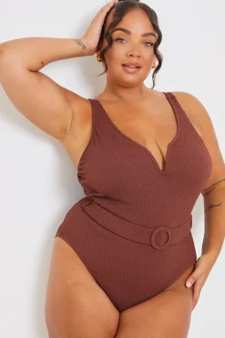Hot In the Style Textured Sweetheart Neckline Belted Swimsuit Chocolate