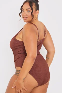 Hot In the Style Textured Sweetheart Neckline Belted Swimsuit Chocolate