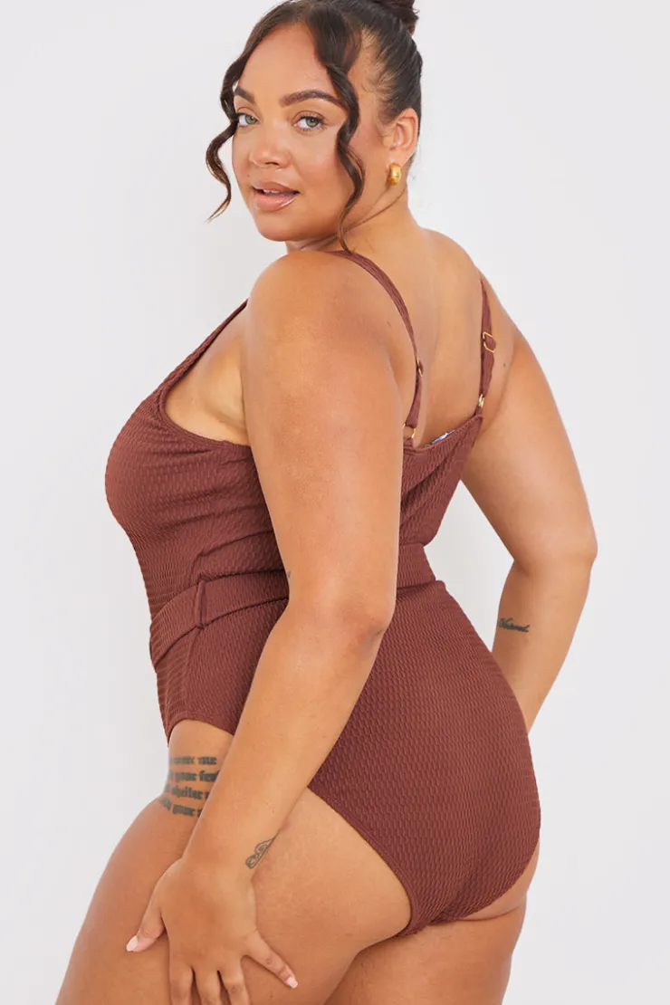 Hot In the Style Textured Sweetheart Neckline Belted Swimsuit Chocolate