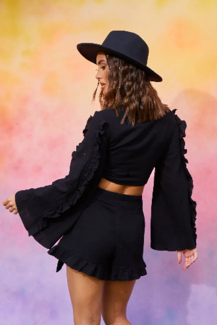 Sale In the Style Textured Tie Front Coord Top Black