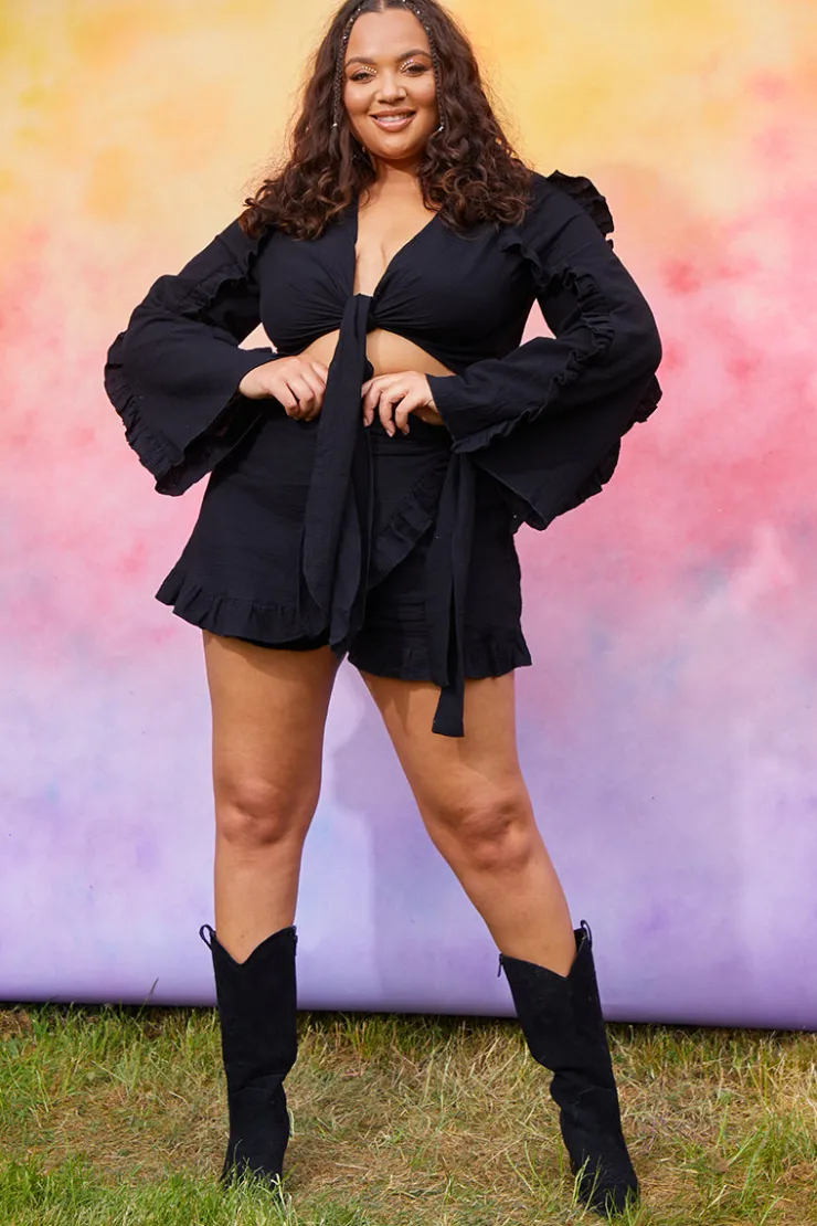 Sale In the Style Textured Tie Front Coord Top Black