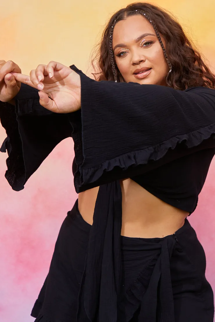 Sale In the Style Textured Tie Front Coord Top Black