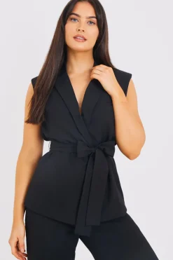 Online In the Style Textured Tie Waist Sleeveless Co-Ord Blazer Black