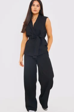 Online In the Style Textured Tie Waist Sleeveless Co-Ord Blazer Black