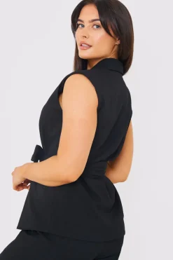 Online In the Style Textured Tie Waist Sleeveless Co-Ord Blazer Black