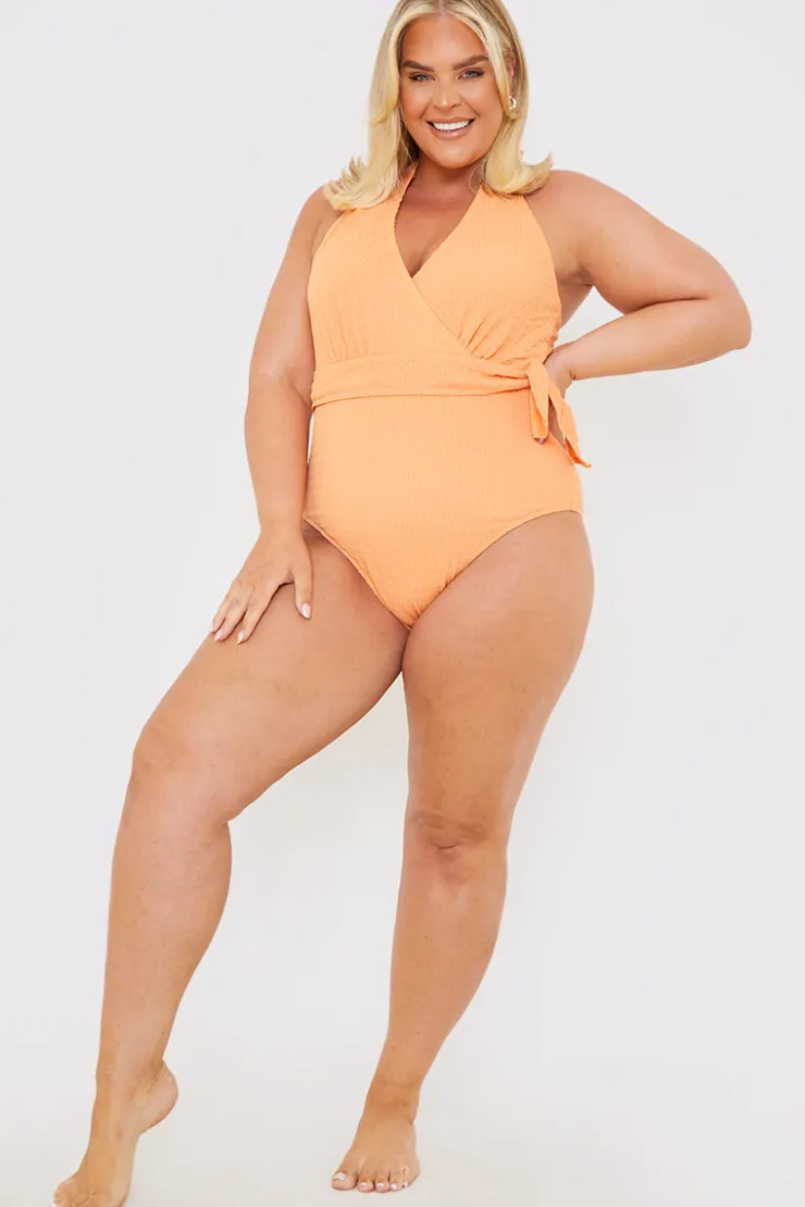 Sale In the Style Textured Wrap Swimsuit Orange