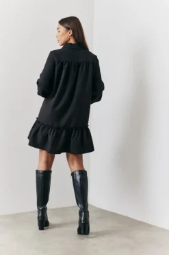In the Style Tie Detail Balloon Sleeve Smock Dress Black