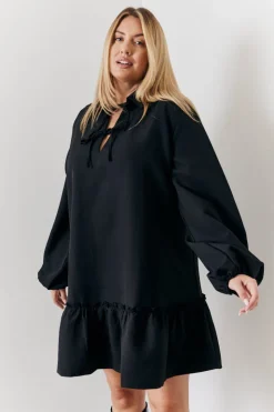 In the Style Tie Detail Balloon Sleeve Smock Dress Black