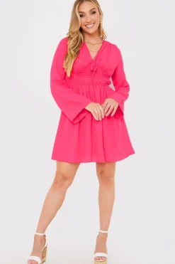 Outlet In the Style Tie Detail Plunge Skater Dress Coral