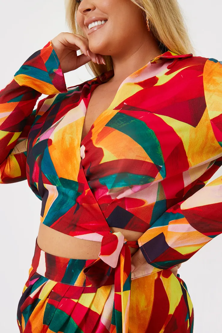 Discount In the Style Tie Front Cropped Shirt Multi