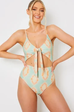 Discount In the Style Tie Front Cut Out Swimsuit Multicoloured