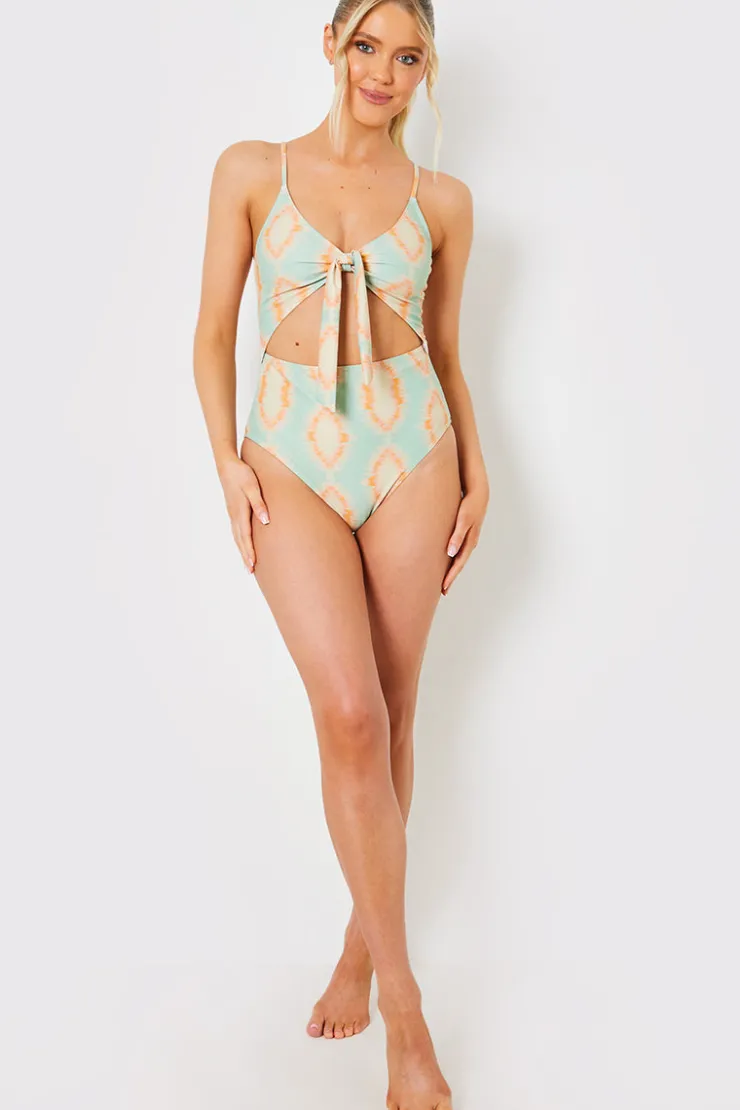 Discount In the Style Tie Front Cut Out Swimsuit Multicoloured