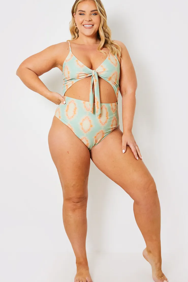 Discount In the Style Tie Front Cut Out Swimsuit Multicoloured