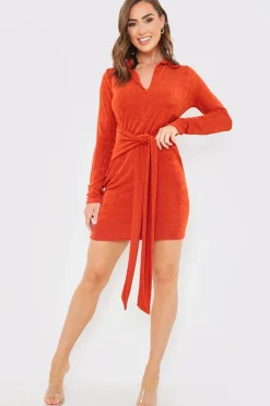Online In the Style Tie Front Mini Dress Rust