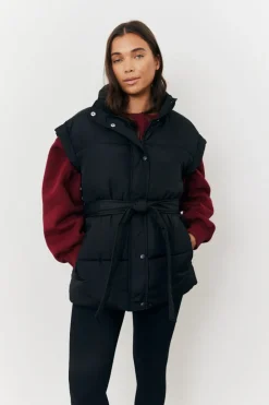 In The Style Tie Waist Puffer Gilet Black