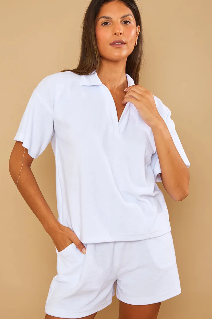 Discount In the Style Towelling Co-Ord Polo T-Shirt White