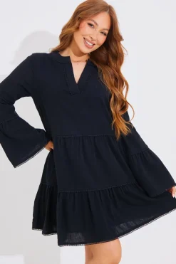 Clearance In the Style Trim Detail Tiered Long Sleeve Smock Dress Black