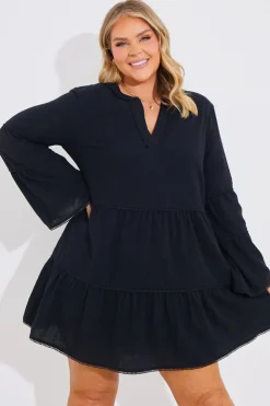 Clearance In the Style Trim Detail Tiered Long Sleeve Smock Dress Black