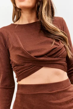 Hot In the Style Twist Acetate Slinky Co-Ord Crop Top Chocolate