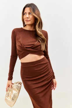 Hot In the Style Twist Acetate Slinky Co-Ord Crop Top Chocolate