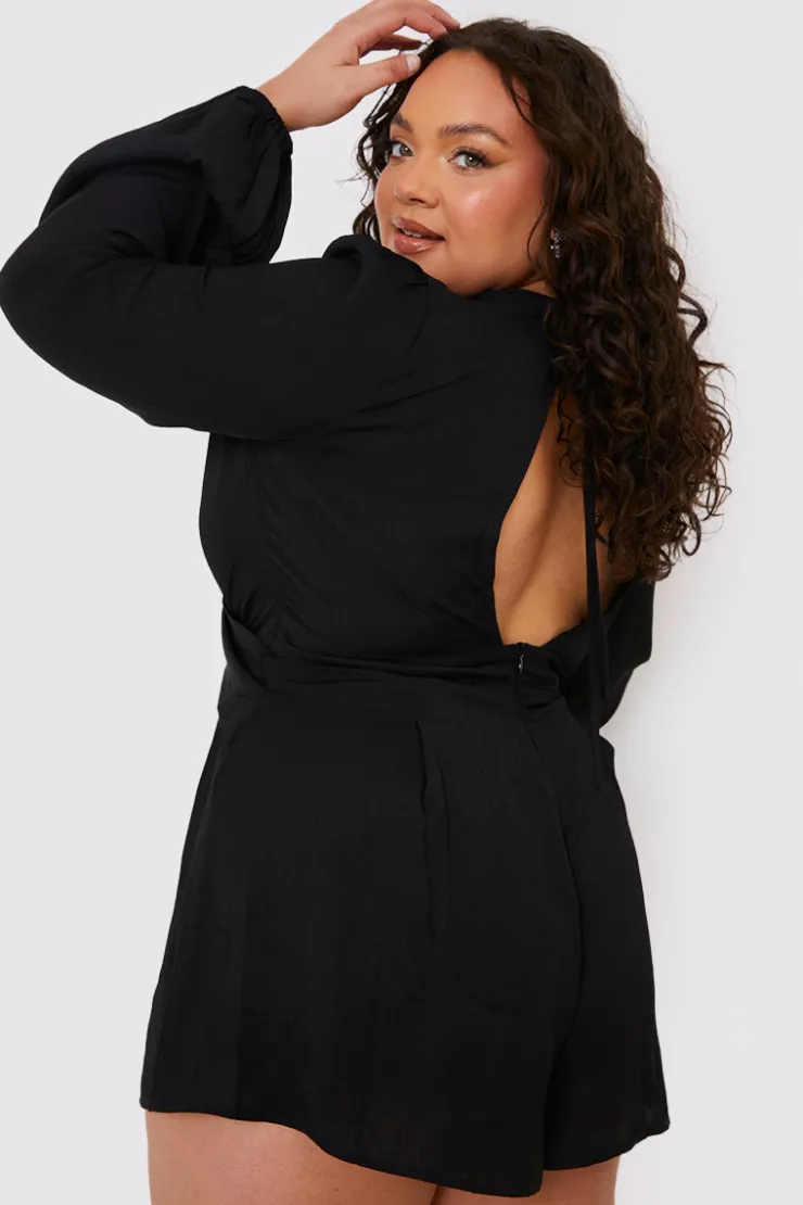 New In the Style Twist Front Balloon Sleeve Playsuit Black