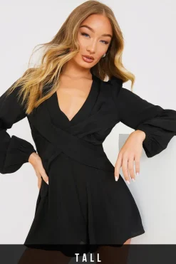 New In the Style Twist Front Balloon Sleeve Playsuit Black