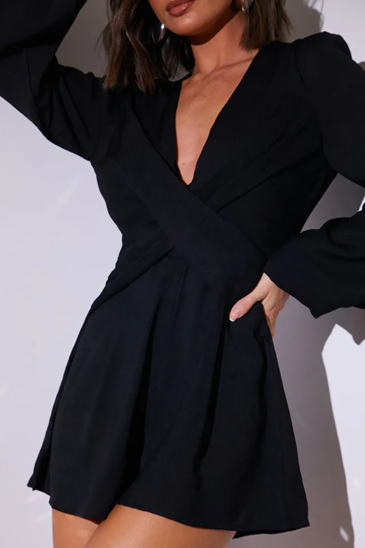 New In the Style Twist Front Balloon Sleeve Playsuit Black